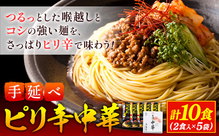 手延べピリ辛中華 タレ付き 1袋300g ( 麺 180g スープ 60g×2 ) 2食入 × 5袋 計10食 奥島屋 株式会社奥島創麺巧房《30日以内に発送予定(土日祝除く)》岡山県 浅口市 送料無料 中華麺 冷やし中華 冷麺 細麺 豆板醤 ゴマ油