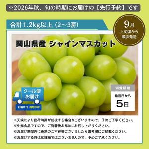 【2026年発送分 先行予約】岡山県産 シャインマスカット 1.2kg以上（2～3房）【ご家庭用】【025-a035】