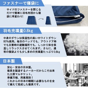 三原マルチケット 防災 寝袋 車中泊 羽毛布団 収納袋付 多目的 シングル ネイビー（150×210）　016106