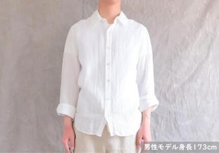 スタンドカラー オーガニックコットンダブルガーゼ・ユニセックスシャツ　Mサイズ／白