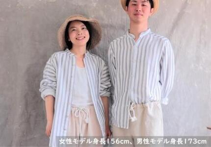 スタンドカラー オーガニックコットンダブルガーゼ・ユニセックスシャツ　Mサイズ／太いストライプ 9,800円