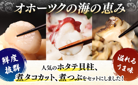 【オホーツク海の幸3種セット】ほたて貝柱 煮たこカット 煮つぶ(各200g×1袋)【0719601】