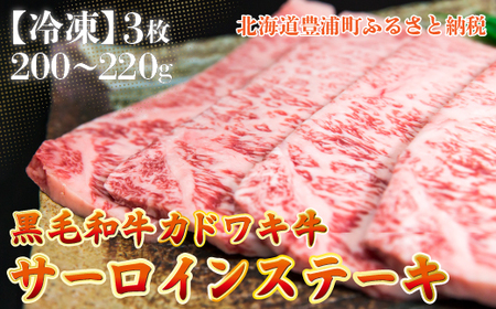 北海道 黒毛和牛 カドワキ牛 サーロイン ステーキ 3枚 200~220g/枚【冷凍】 【 ふるさと納税 人気 おすすめ ランキング 肉 牛肉 牛サーロイン 牛ロース 牛ヒレ 牛ひき肉 おいしい 美味しい 甘い 北海道 豊浦町 送料無料 】 TYUAE006