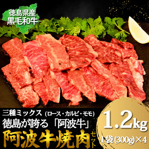 牛肉 阿波牛 焼肉用ミックス（ロース・カルビ・モモ）たれ漬け 1.2kg（300g×4）