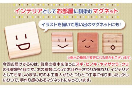 天然木マグネット 約23g 4種類 各1個 W30×H30×D10 一般社団法人かみかつ森林環境公社 《30日以内に出荷予定(土日祝除く)》マグネット 木製 ウッドマグネット インテリア キッチン用品 台所 冷蔵庫 磁石 オリジナル プレゼント クラフト 工作 徳島県 上勝町 送料無料