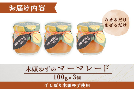 木頭ゆずのマーマレード 100g 3個【徳島県 那賀町 木頭ゆず 柚子 ユズ 木頭柚子 果物 国産 100％ マーマレード ジャム 瓶詰め 果汁 ゆず果汁 朝食 トースト パン ヨーグルト スイーツ 添加物・保存料不使用 お取り寄せ 柚冬庵】YA-24