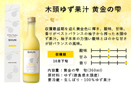 黄金の雫3本セット（3種×各1本 360ml）［徳島県産 那賀町 木頭地区 木頭 木頭ゆず 木頭柚子 ゆず ユズ 柚子 柚子果汁 果汁 果汁ジュース 飲み物 ジュース 調味料 料理 調理 お菓子作り アイスクリーム かき氷 す 酢 黄金の雫 生しぼり 飲み比べ セット］【OM-116】