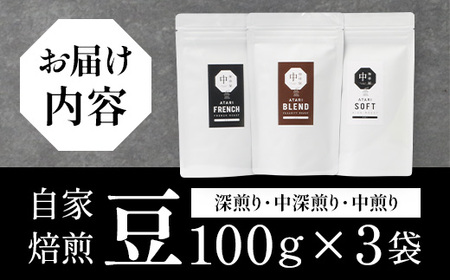 珈琲屋 中-ATARI- オススメ3種のブレンド 各100g×3袋【豆タイプ】【徳島県 那賀町 自家焙煎 コーヒー 珈琲 ブレンド コーヒー豆 珈琲豆 豆 スペシャリティコーヒー レギュラーコーヒー 中煎り 中深煎り 深煎り 飲み比べ 詰め合わせ ギフト プレゼント お取り寄せ】CO-01