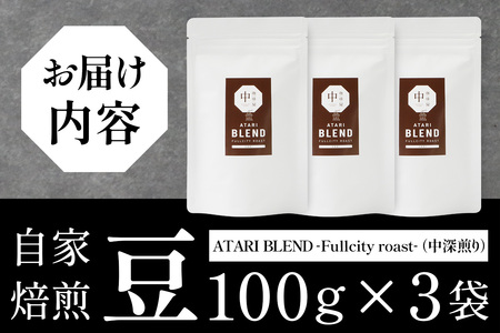 【豆タイプ】珈琲屋 中-ATARI- BLEND (中深煎り) -Fullcity roast- 100g×3袋【徳島県 那賀町 自家焙煎 コーヒー 珈琲 ブレンド コーヒー豆 珈琲豆 豆 スペシャリティコーヒー レギュラーコーヒー 中深煎り フルシティロースト 詰め合わせ ギフト プレゼント お取り寄せ】CO-25