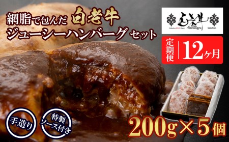 定期便12カ月 お楽しみ 白老牛 ジューシー ハンバーグ セット 5個 網脂 特製ソース 手造り 手ごね BY099