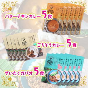 旅する阿波尾鶏シリーズ 3種 各5食入 計15食 バターチキンカレー ごちそうカレー ぜいたくガパオ カレー ガパオ タイ料理 常温 レトルト AWAODORI LAB