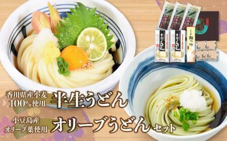 うどん 半生うどん 讃岐うどん さぬきうどん オリーブ 香川県産小麦100%半生うどん(6人前)、小豆島産オリーブ葉使用オリーブうどん(6人前)、濃縮つゆ付き【T042-002】