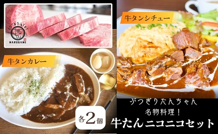 牛タン ニコニコ セット 牛タンシチュー + 牛タンカレー 各2袋 詰め合わせ ぶつぎりたんちゃん名物料理 シチュー カレー ビーフシチュー ビーフカレー 牛肉 牛 惣菜 スープ レトルトカレー 冷凍食品 湯煎 レトルト 真空パック 冷凍 冷凍配送 丸亀