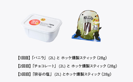 【毎月定期便】【業務用】稚内牛乳 アイスクリーム 2L と 出汁之介ホッケ燻製スティック全3回【配送不可地域：離島・沖縄県】