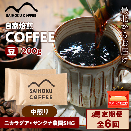 【定期便6ヶ月】自家焙煎珈琲 ニカラグア・サンタナ農園SHG 中煎り(豆) 200g