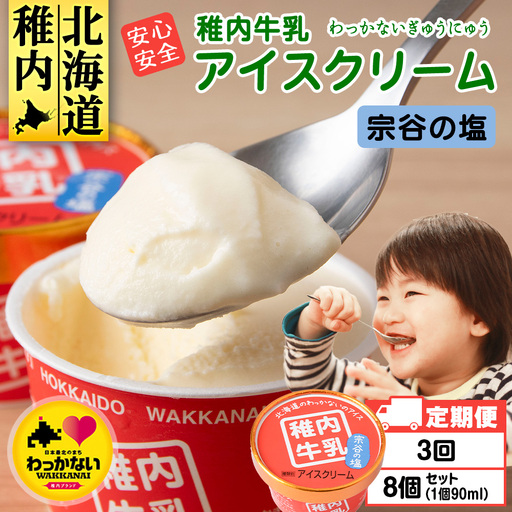 【定期便3ヶ月】稚内牛乳 アイスクリーム 宗谷の塩　8個セット（各90ml）