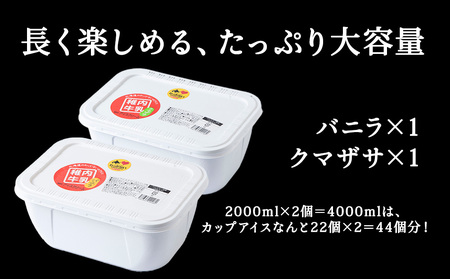 【業務用】稚内牛乳アイスクリーム2000mlバニラ×クマザサ2個セット【配送不可地域：離島・沖縄県】