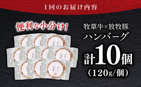 【全6回定期便】【牧草牛×放牧豚】ハンバーグ 10個【GOODGOOD株式会社】 ハンバーグ 牛肉 豚肉 小分け 冷凍配送 北海道 [AXBP040]
