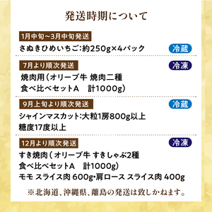 定期便 プレミアムコラボ オリーブ牛 フルーツ 待望のプレミアムコラボ【4回】定期便C【配送不可地域：北海道・沖縄県・離島】_M04-0142  フルーツ定期便 旬のフルーツセット / フルーツ 定期便 ふるーつ定期便 フルーツ 詰め合わせ 果物定期便 春フルーツ 夏フルーツ 秋フルーツ 冬フルーツ