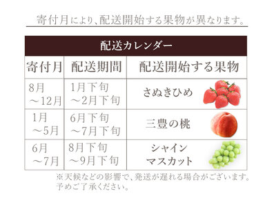 フルーツ定期便 3回 三豊市 さぬきひめいちご 400g 特大シャインマスカット 800g 三豊の桃　2kg【配送不可地域：北海道・沖縄県・離島】_M02-0208   フルーツ定期便 旬のフルーツセット / フルーツ 定期便 ふるーつ定期便 フルーツ 詰め合わせ 果物定期便 春フルーツ 夏フルーツ 秋フルーツ 冬フルーツ