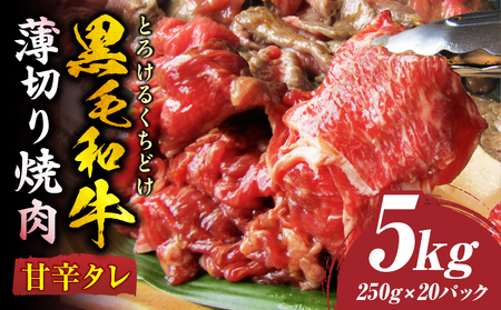とろける黒毛和牛リッチな薄切り焼肉5kg(250g×20P)　秘伝のタレ漬け|肉 黒毛和牛 焼肉 タレ 漬け 秘伝 柔らかい 味付き やきにく ロース 肩ロース サーロイン カルビ モモ 薄切り 希少 小分け 冷凍 BBQ バーベキュー 香川県 三木町|_mk146-022