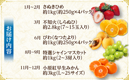 さぬき旬のフルーツ満足 5回定期便 | 果物 フルーツ 青果 青果物 いちご みかん シャインマスカット びわ さぬきひめ 小原紅早生みかん マスカット なつたより 不知火 旬の果物 季節の果物 贈答 贈り物 ギフト 化粧箱 取り寄せ 香川県 三木町 送料無料 |_mk006-t016