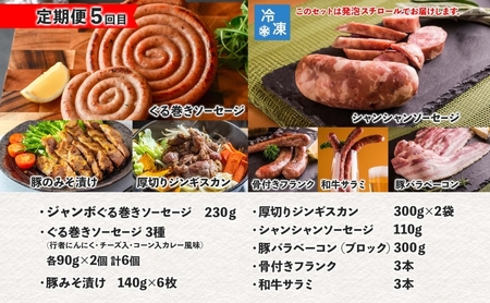 定期便 5ヵ月 北海道 豚みそ漬け ハンバーグ ジンギスカン ぐる巻き ソーセージ シャンシャン ハム ベーコン フランク サラミ 牛肉 豚肉 羊肉 おかず 詰め合わせ お肉屋 たどころ 送料無料 
