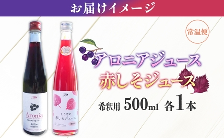 北海道産 赤しそジュース アロニアジュース 500ml 各1本 希釈用 赤しそ アロニア 果汁 ジュース ドリンク 飲料 飲み物 フルーツ しそ シソ 紫蘇 贈答 詰め合わせ お取り寄せ 送料無料 ピュアフーズとうや 北海道 洞爺湖町