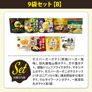 ＜訳あり＞ 訳アリ じゃがスナック 【アソート・9袋セットB】 (9袋・1袋最大50g) 簡易梱包 お菓子 おかし おつまみ 常温 ポテト モスバーガー 照焼バーガー わさび ガチ濃 トリュフ マキシマム オニポテ 七味 マルタイ ラーメン 一風堂白丸 食べ比べ 【man226-B】【味源】