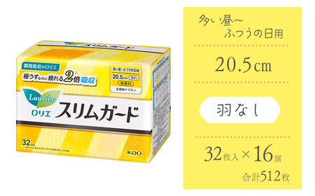 ロリエ スリムガード　多い昼～ふつうの日用 羽なし　32枚入り×16個セット 【合計512枚】　生理用品 ナプキン ロリエ スリムガード 羽なし 無香料