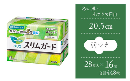 ロリエ スリムガード　多い昼～ふつうの日用 羽つき　28枚入り×16個セット 【合計448枚】　生理用品 ナプキン ロリエ スリムガード 羽つき 無香料