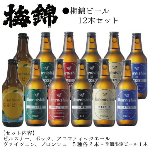 梅錦 ビール12本詰め合わせ（定番ビール5種と季節の限定ビール1種）