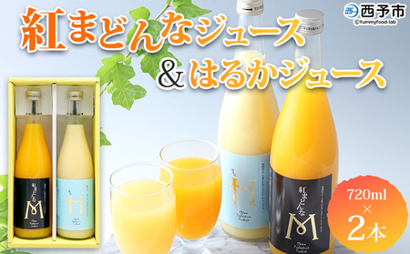 ＜紅まどんなとはるかジュース 720ml×2本セット＞ 果汁100％ ストレートジュース みかん ミカン 果物 くだもの フルーツ 柑橘 紅マドンナ べにまどんな ハルカ 特産品 マルワフルーツ園芸 宇都宮物産 愛媛県 西予市【常温】『1か月以内に順次出荷予定』UUB0059