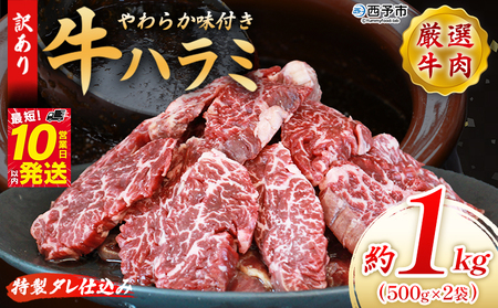 ＜秘伝の特製タレ仕込み！やわらか味付き 牛ハラミ 約1kg（500g×2）＞ 訳あり はらみ ハラミ 赤身 大容量 牛肉 お肉 焼肉 BBQ 味付き タレ漬け 甘辛 レシピ 丼 献立 惣菜 おかず 簡単 グルメ 株式会社丸和 愛媛県 西予市【冷凍】『最短10営業日以内に順次出荷』MMW0004