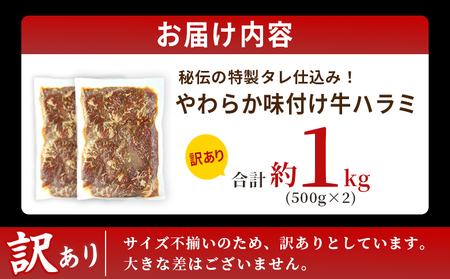 ＜秘伝の特製タレ仕込み！やわらか味付き 牛ハラミ 約1kg（500g×2）＞ 訳あり はらみ ハラミ 赤身 大容量 牛肉 お肉 焼肉 BBQ 味付き タレ漬け 甘辛 レシピ 丼 献立 惣菜 おかず 簡単 グルメ 株式会社丸和 愛媛県 西予市【冷凍】『最短10営業日以内に順次出荷』MMW0004