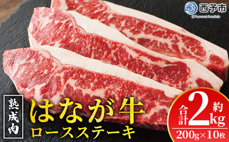 ＜熟成肉 はなが牛 ロースステーキ 10枚（1枚200g）＞ 牛肉 牛 肉 ろーすすてーき ステーキ サーロイン ブランド牛 鉄板焼き 焼き肉 焼肉 バーベキュー BBQ 国産 小分け 特産品 愛媛県 ゆうぼく 西予市【冷凍】『2か月以内に順次発送』UYB0018