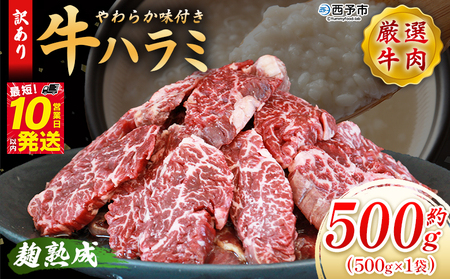 ＜麹熟成で旨み引き立つ！やわらか味付き 牛ハラミ 約500g（500g×1）＞ 訳あり はらみ ハラミ 赤身 大容量 牛肉 お肉 焼肉 BBQ 味付き 麹 コスパ 塩味 レシピ 丼 献立 惣菜 おかず 簡単 グルメ 株式会社丸和 愛媛県 西予市【冷凍】『最短10営業日以内に順次出荷』MMW0010