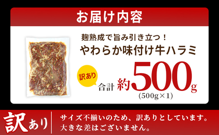 ＜麹熟成で旨み引き立つ！やわらか味付き 牛ハラミ 約500g（500g×1）＞ 訳あり はらみ ハラミ 赤身 大容量 牛肉 お肉 焼肉 BBQ 味付き 麹 コスパ 塩味 レシピ 丼 献立 惣菜 おかず 簡単 グルメ 株式会社丸和 愛媛県 西予市【冷凍】『最短10営業日以内に順次出荷』MMW0010