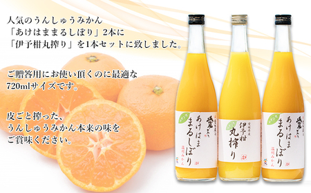＜あけはままるしぼり 720ml×2本 伊予柑丸搾り 720ml×1本 AK-3＞ 温州 みかん ミカン ジュース ドリンク 温州みかん 飲料 ジュース 果物 あけはまシーサイドサンパーク 飲んで応援 贈答用 愛媛県 西予市 【常温】『最短10営業日以内に順次発送予定』 AAS0006