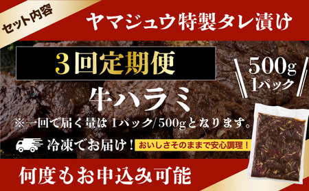 ヤマジュウの特製タレ漬け!牛ハラミ肉500g【3回定期便】 頒布会