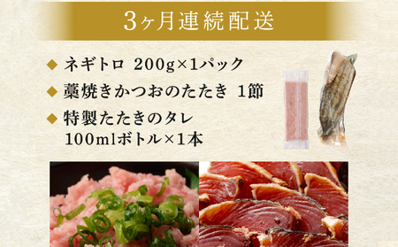 【定期便 / ３ヶ月連続】 土佐流 藁焼き かつおのたたき １節 と 高豊丸 ネギトロ 200ｇ セット 魚介類 海産物 カツオ 鰹 わら焼き ねぎとろ まぐろ マグロ 鮪 高知 コロナ 緊急支援品 海鮮 冷凍 家庭用 訳あり 不揃い 規格外 連続 ３回 tk061