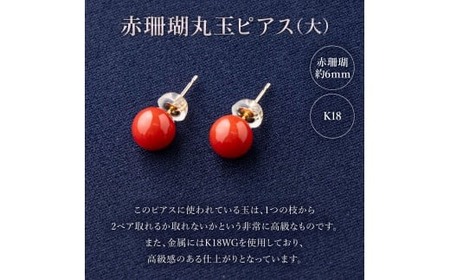 【ケンセン35】赤珊瑚 丸玉ピアス大 / K18WG|室戸 ブランド ピアス