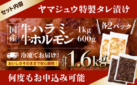 ヤマジュウの特選タレ漬け！牛ハラミ肉１ｋｇ＆国産牛ホルモン６００ｇ _yj066