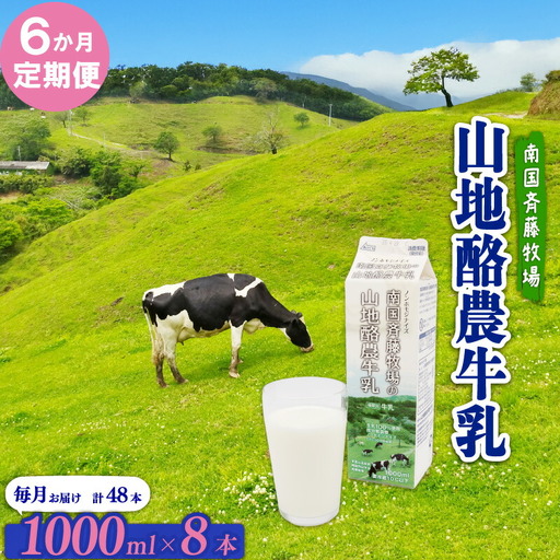 【6か月定期便】山地酪農牛乳1L×8本 バターができる ミルク 低温殺菌 生乳100％ 成分無調整 牛乳 高知県 南国市