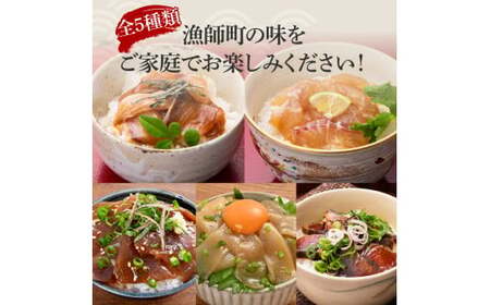 【12回定期便】訳あり土佐の海鮮漬け丼（5種×各1袋）セット 漬け丼の素 タイ 鯛 ブリ 鰤 マグロ 鮪 イカ カツオ 鰹 たたき 新鮮 魚 おかず おつまみ 惣菜 小分け 簡単 訳アリ わけあり