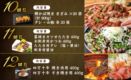 【12回定期便】四万十 の 贅沢 を詰め込んだ プレミアム 定期便 四万十市 高知 しまんと 鰹 かつお うなぎ 鰻 牛肉 和牛 小分け 四万十牛 じゃこ しらす 魚介 肉 鶏肉 鮎 天然鮎 豪華 2025-590