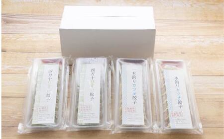 R5-014．家(うち)に来る“高知” ジューシーな具をぎっしり詰めた手づくり!!　四万十ひすい餃子・一本釣りかつお餃子（8ヶ×4パック×2種）　タレ付き　　にんにく不使用！