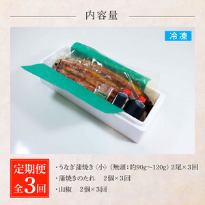 うなぎの蒲焼き(小) 2尾×3回 定期便 3ヶ月 定期コース タレ付き 山椒付き