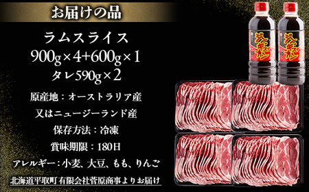 【たっぷり!!】北海道民おすすめ『ラムスライス』900g×4個・600ｇ×１個　タレ590ｇ×2本 BRTI004