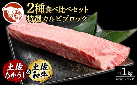 土佐あかうし＆土佐和牛2種食べ比べ（500g×2パック） 特選カルビブロック
